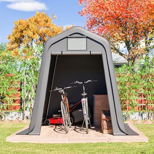 Fahrradunterstand Grau, Gerätehaus mit PE-Material Wasserdicht, Aufbewahrungsschuppen 245x183cm, Rollos, Einfache Montage, Für Garten und Carport