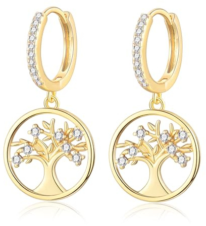 Silver Drop Hoop Earrings for Women Girls - Tree of Life Earrings with Cubic Zirconias, Tree of Life Jewellery Gifts for Birthday Christmas Wedding