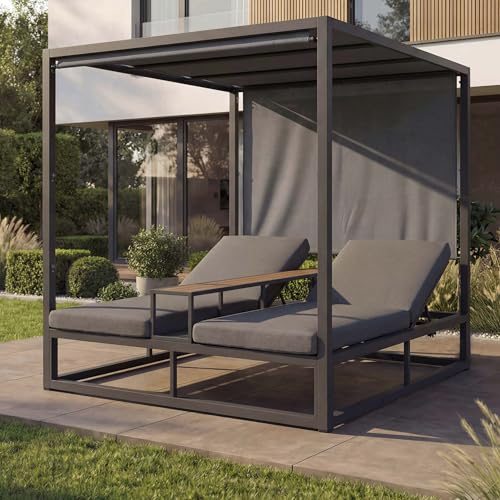 Mendler Alu Lounge-Gartenliege HWC-P81 - dunkelgrau, Polster grau | Sonnenliege, Daybed, 10cm-Polster, 220g/m², 196x165x196cm