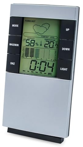 Digitale Wetterstation 5in1 silber für Innen zum Hängen oder Stellen - 14 x 8 cm - Hygrometer mit Uhr Wecker und Wettervorhersage - Thermometer Raumklima Messgerät Feuchtigkeitssensor
