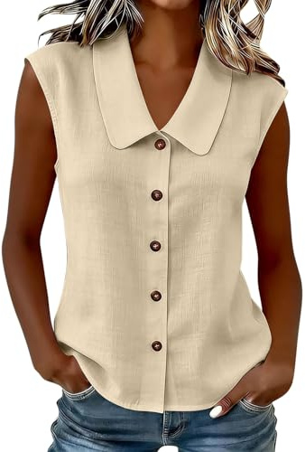 Blouses for Women UK,Ladies Sleeveless Button-Down Shirt Casual Loost Fit Peter Pan Collar Blouses Shirts for Women Fashion Solid Color Women's Summer Tops for Beach Work Daily Wear