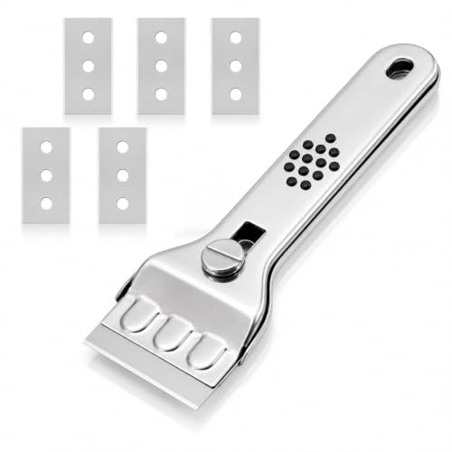 Oven & Hob Cleaning Tool, 5 Replacement Attachments, Non-Scratch Oven Cleaning Kit for Ceramic Hob, Stainless Steel, Enamel, Removes Burnt Food, Grease, Paint & Stickers, Kitchen Cleaning Tool