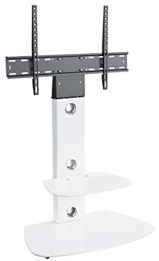 MAHARA Universal Column TV Stand - for 32 to 65 inch TVs-Freestanding white tall floor stand with curved white glass shelves and cable management-Height adjustable & fits in corners-Max Weight 40kg