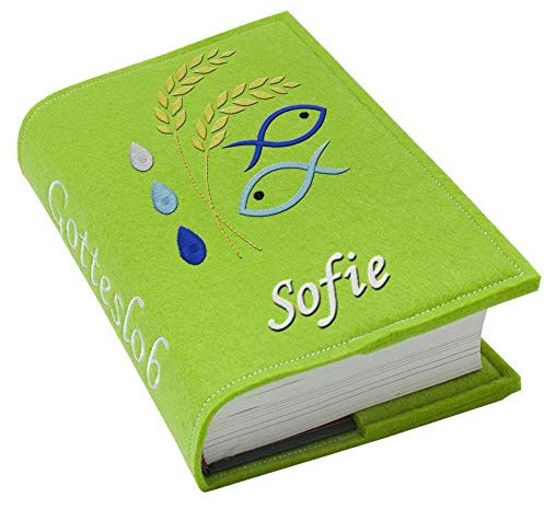 Gotteslob Gotteslobhülle Ähre Fische blau Filz mit Namen bestickt hellgrau weiß dunkelgrau blaugrau dunkelblau türkis maigrün flieder, Farbe:maigrün