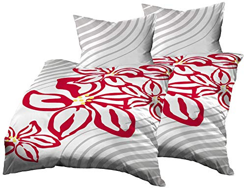 Gerald Wittmann 4teilig Bettwäsche-Set 2X 140x200 cm + 2X 70x90 cm, Baumwolle Renforce, Blumen Rot Weiß Grau