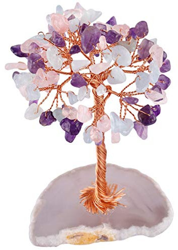 KYEYGWO Décoration Arbre de Vie en Pierre Naturelle d'Énergie, FengShui Figurine sur Tranche d'Agate pour Reiki Chakra Guérison Fortune Richesse Santé, Améthyste/Quartz Rose/Aquamarine