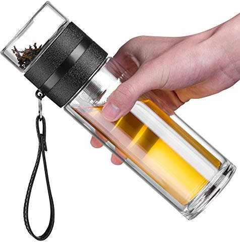 Anroll 13oz Double Wall Glass Water Bottle with Tea Infuser - Separates Tea Leaves - Black