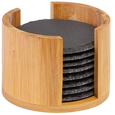 Westmark 8 Naturschiefer-Glasuntersetzer in Bambusbox, rund, mit Kratzschutz, ø 10 cm, Schiefer/Bambus, Tapas + Friends, Anthrazit/Hellbraun, 69212260