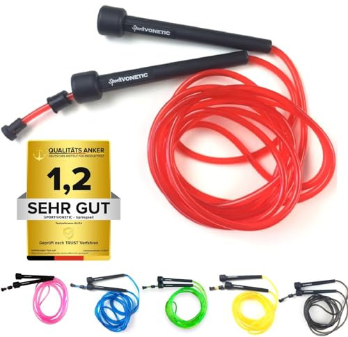 SPORTIVONETIC® Premium Springseil für Erwachsene, Damen & Herren für Fitness, Crossfit, Sport, Boxen und Freizeit - Verstellbare Größe - mit Einstellklammer - Speed Rope, Jump Rope (Rot)