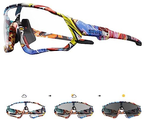 KAPVOE Photochromatische Selbsttönend Fahrradbrille TR90 Rahmen für Herren Damen Klar Sportsonnenbrille Sport Radfahren MTB Radbrille Sportbrille Fahren Angeln Laufen 01