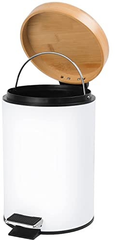 Solly´s 3L Bathroom Bin with Bamboo Lid, Pedal Bin with Soft Close, Round, White