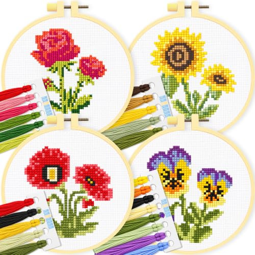 Kraftex Stamped Cross Stitch Kits for Beginners (Flower Theme - 6.75 Inch - 4 Pack 1 x Embroidery Hoop) Embroidery Needlepoint Patterns for Adults, Includes Poppy, Rose, Sunflower and Pansy