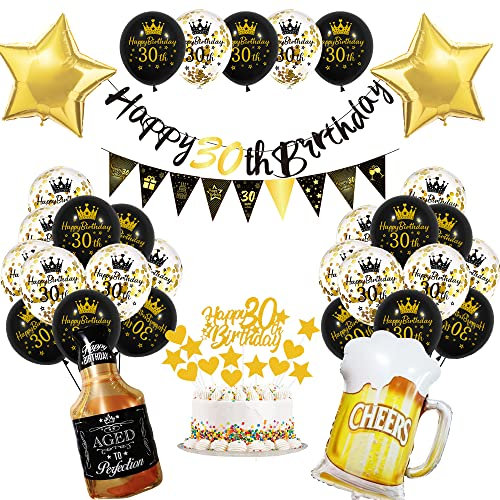 30 Geburtstag Frauen Männer Deko, Schwarzes Gold 30. Geburtstag Dekoration, 30 Jahr Geburtstagdeko, 30 Ballon Deko mit Happy Birthday Banner, 30 Geburtstag Mann, Deko 30 Geburtstag Frau MEHRWEG