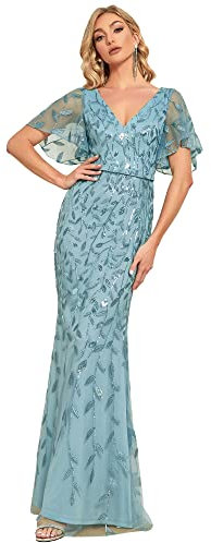 Ever-Pretty Women's Elegant Mermaid Ruffle Sleeve V Neck Shiny Maxi Evening Gowns Dusty Blue 18UK