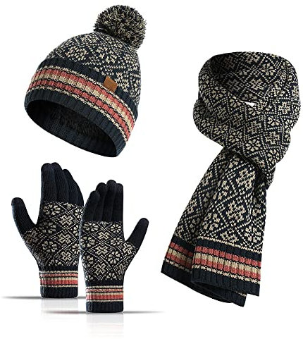 YULOONG Winter Beanie Mütze Schal Touchscreen Handschuhe 3 in 1 Set für Damen Rippstrick Marine