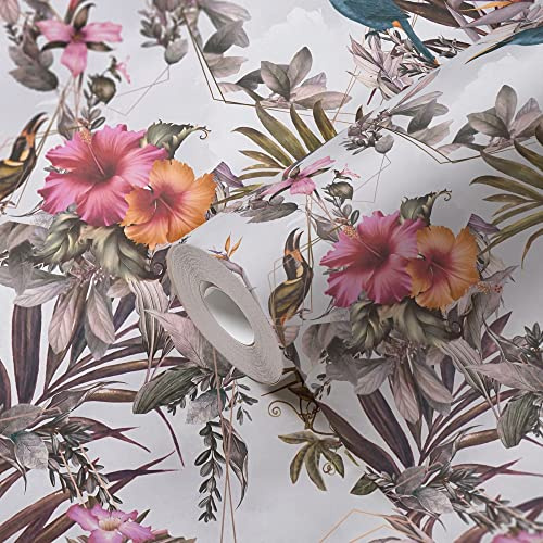 A.S. Création Vliestapete Vögel Blumen Weiß Grün Blumentapete Bunt für Schlafzimmer 381787 10,05x0,53m Made in Germany