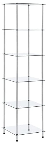 Makastle Regal Edelstahl-Rahmen 6 Ablagen Hartglas, Glasregal Standregal Badezimmerregal Küchenregal Flurregal, einfacher Aufbau, Wohnzimmer, Schlafzimmer, Büro, 40x40x160 cm