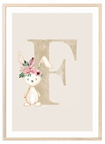 MeinBaby123® Buchstaben Poster DIN A4 Kinderzimmer Mädchen und Junge | Babyzimmer Deko | Bilder Kinderzimmer | Geschenkideen zur Geburt | Geburtsposter | Anfangsbuchstabe Poster F (Hase - F)