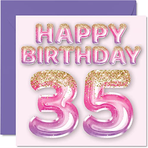 Stuff4 Geburtstagskarte zum 35. Geburtstag für Frauen – rosa und lila Glitzerballons – Happy Karten für 35 Jahre alte Frau Freund Schwester Mama Tante 145 mm x 145 mm Geburtstag Grußkarten Geschenk