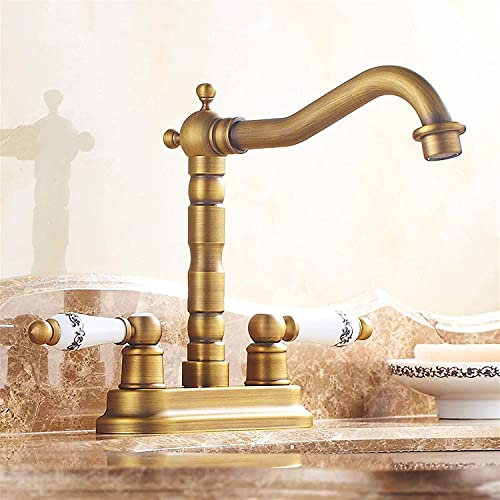 FALIYORS Rubinetti dell'Acqua, Rubinetto di Rotazione a 360° Rubinetto Continentale Antico a Doppio Foro Rubinetto Caldo e Freddo Tutto in Bronzo Doppia Maniglia Lavamani Vintage Rubinetto