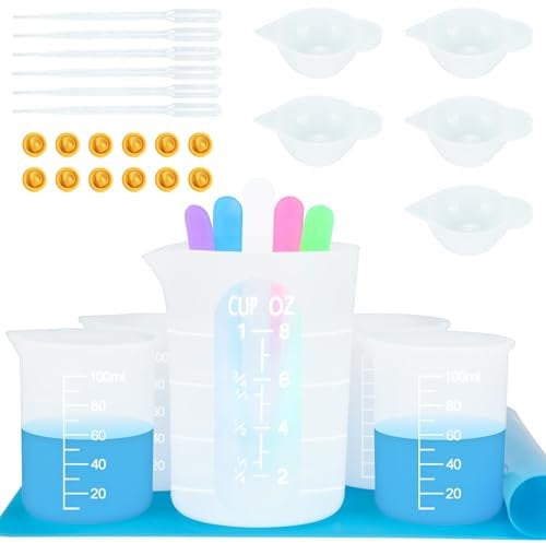 Creahaus Silikon Messbecher Set für Harz, Antihaft 250 und 100 ml Harz Mischbecher, wiederverwendbares Harz Zubehör mit Silikonmatte, Rührstab, Strohhalm, Farbbecher, für Formen, Schmuckherstellung