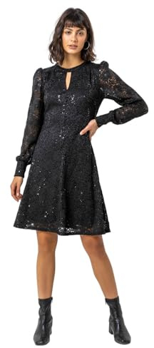 Roman Originals Women Lace Sparkle Swing Dress - Ladies Spring Holiday Summer Long Sleeves Vacation Evening Smart Casual Work Round Neck