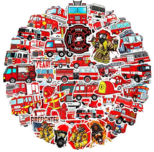 MARSFORCE Cartoon Feuerwehrfahrzeug Aufkleber, Wasserdicht Vinyl Stickers für Laptop Wasserflaschen Skateboard Gepäck Fahrrad Gitarre PS4 Koffer Tagesbuch Scrapbook Handy Pad [50 Stück]