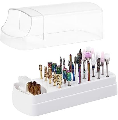 Nail Drill Bits Holder and Cleaner,30 Holes Nail Drill Bits Stand Organizer Container,Dustproof Display Storage Box,Non-Slip Base for Manicure Home (Not Include Drill Bits)White