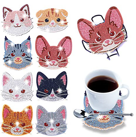 Starnearby Broderie Diamant sous Verre Bricolage Dessous de Verre Diamant Painting Chat sous Tasse en Bois Anti-dérapant Peinture Diamant sous Verre Tapis de Tasse avec Support