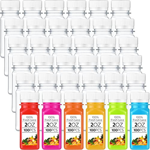 Roshtia 100 Pcs 2oz Small Clear Plastic Juice Bottles with Lid for Liquids Reusable Ginger Shots Bottle Vial Beverage Container Leak Proof Mini Jars for Juice, Milk, Water(White)
