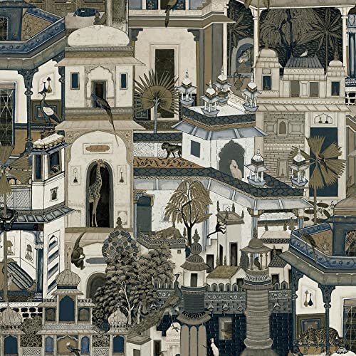 Holden Animal City Wallpaper - Modern Wallpaper for Living Room, Bedroom, Fireplace - Decorative Luxury Nature Wallpaper with Urban Moroccan City Landscape & Jungle Animals (Navy Holden)