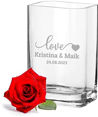 LALALO Leonardo Vase mit Gravur als Hochzeit Geschenk, Personalisiert als Hochzeitsgeschenk, Sandzeremonie, Hochzeitstag, Blumen-Deko für den Tisch (25x15x10 cm, Loveheart)