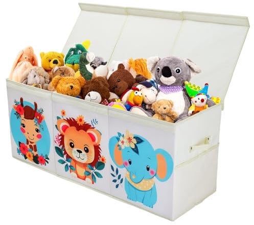 Caja de Juguete Extra Grande con Tapa Abatible, Caja Almacenaje Oxford Plegable con Asa Bolsillo de Malla, Baúl Juguetes y Almacenamiento Impermeable para Niños Niñas, 96×32×40 (Animal Bonito)