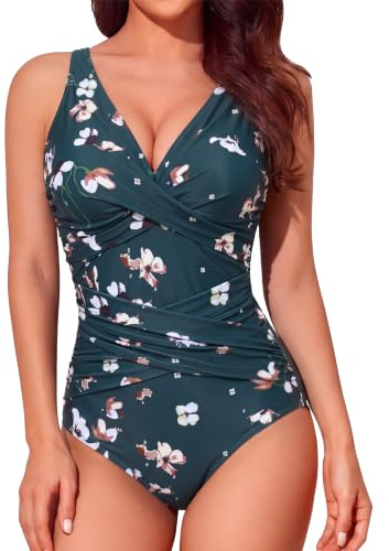 Smismivo Badeanzug Damen Bauchweg Push Up Schwimmanzug mit Retro Schlankheits Raffung Einteilige bademode Swimsuits for Women