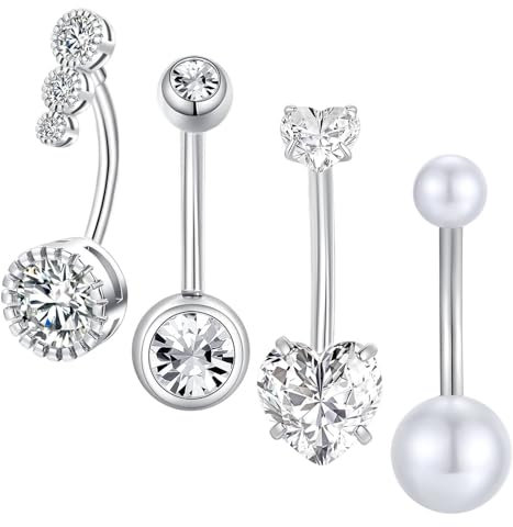Gojewen 4stk Bauchnabelpiercing 14mm Chirurgenstahl Langes Piercing Bauchnabel Bauchpiercing Schmuck Silber Damen