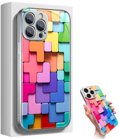 Flache 3D-Glashülle mit quadratischem Muster für iPhone 12 13 14 15 promax Hülle,Bunte Bausteine-Muster-Handyhülle, Coole Bunte Handyhülle, stoßfester Schutz (Silber,15)