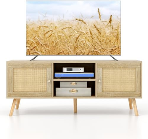 GYMAX TV-Schrank, TV-Kommode für Fernseher bis zu 55 Zoll, Fernsehtisch mit 2 Schränken offenen Regalen, Fernsehschrank mit 2 Rattantüren, für Wohnzimmer & Schlafzimmer, 120 x 40 x 48,5 cm