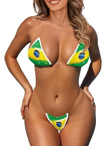 Jndtueit Brazil Flag Triangle Bikini Sets for Women, Blue Ball Swimwear Top for Large Bust, Yellow Green Transparent Straps Thong Bikinis Swimsuits, Multi-color