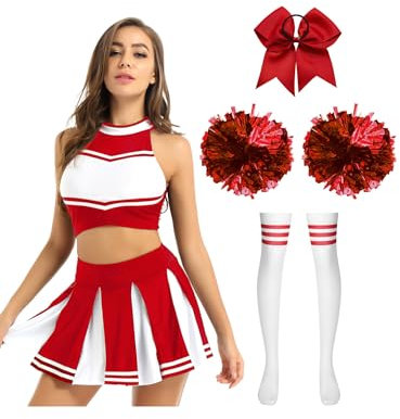 MSemis Cheer-Leader Kostüm Damen 4-teiliger Cheerleading Tanzen Uniform Set Crop Top +Faltenrock + Pompons+Haarband +Socken für Karneval Kostüm Rot B XL
