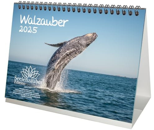 Walzauber DIN A5 Tischkalender für 2025 Wal - Geschenkset Inhalt: 1x Kalender 1x Weihnachtsanhänger 1x Grußanhänger (gesamt 3 Teile)