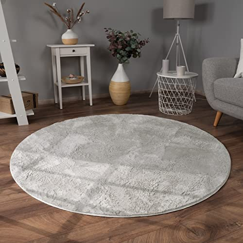 Paco Home Teppich Wohnzimmer Kunstfell weich waschbar modern elegant pflegeleicht Felloptik Uni Seidenglanz flauschig Kurzflor, Grösse:200 cm Rund, Farbe:Grau