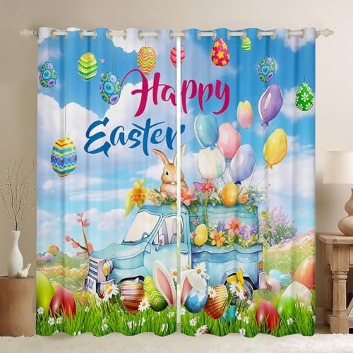 Homemissing Frohe Ostern Vorhänge Cute Kaninchen Vorhänge Ostern LKW Fenstervorhang 137x117cm Ostern Dekor Blickdichte Vorhänge für Jungen Mädchen Kinder Erwachsene