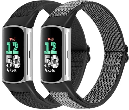 KIBDSNG Elastic Nylon Straps Compatible with Fitbit Charge 6/Fitbit Charge 5, Soft Adjustable Sport Replacement Bands for Women Men