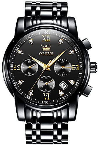 OLEVS Watches for Men Schwarz Edelstahl Band Großes Gesicht Chronograph Armbanduhr Herren Mode Freizeit Wasserdicht Leuchtend Uhren Herren Analoger Quarz Mit Datum Herrenuhr