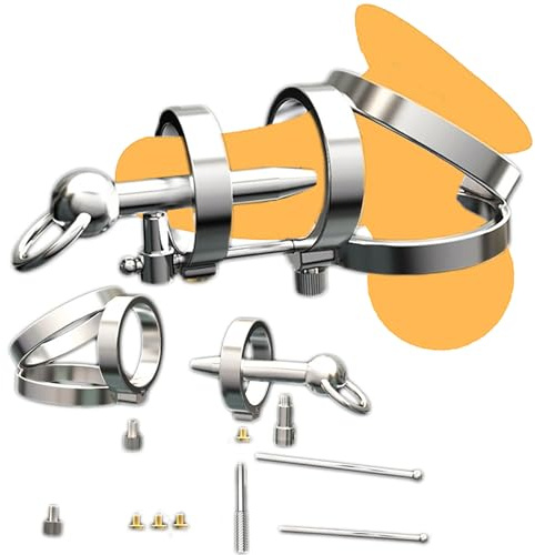 ScreaAss 2024 Edelstahl Peniskäfig Mit Katheter Harnröhren Dilatator/PA-Piercing Und Hodenringe Metall Cock Cage SM Keuschheitsgürtel Cockring Extrem Bondage Sex Spielzeug Für Männer,Silver/b,45mm
