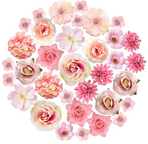 Jisrcha 23 Stücke Künstliche Blumen, Deko-Blüten, Kunstblumen Blumenköpfe Kunstblumen Klein, Kunstblumen Köpfe für Dekoblumen für DIY Hochzeits-Brautsträusse, Babydusche, Partydekoration (rosa)