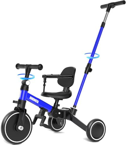 KORIMEFA 6 IN 1 Kinder Drerad Laufrad ab 1 Jahr mit höhenverstellbarer Schubstange, Sicherheitsgurt, faltbares Kinderdreirad Lauflernrad Lauffahrrad Lauflernhilfe für Kinder 1-4 Jahre (Blau)