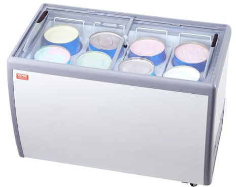 VEVOR Kommerzielle Eiscreme-Vitrine, 370 L Gefriertruhe, Mobiler Tiefkühlschrank mit Glasplatte, Restaurant-Gelato-Tauchschrank mit 8 Großen Behältern, 2 Glasschiebetüren, Feststellrollen, Weiß