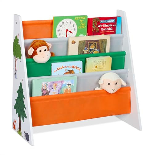 Relaxdays Bücherregal Kinder, HxBxT: 60 x 62,5 x 28 cm, 4 Stofffächer, Kinderbücherregal Waldtiere, Kinderregal, bunt