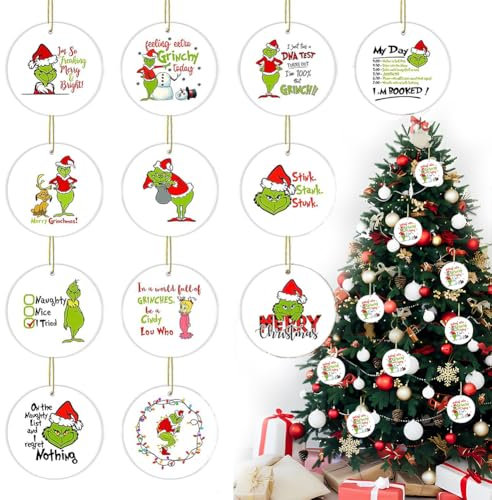 MOPQMKT 24 Pezzi G-rinch Ciondoli Legno Natale G-rinch Decorazioni Natalizie per la Casa Pendenti Decorazioni Albero di Natale con Corda